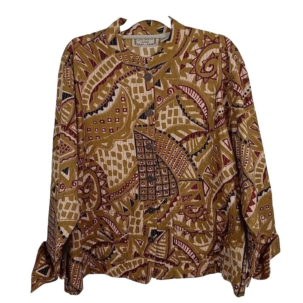 Women's 100% Cotton Tribal Print Button Front Jacket 2X Multicolored Plus Size